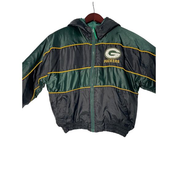 Green Bay Packers Jacket Kids M 10-12 Pro Player Blk/Green VTG 90s Hooded NFL - Picture 2 of 8